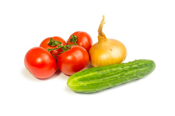 Cucumber, tomatoes and bulb on white background. It is isolated.