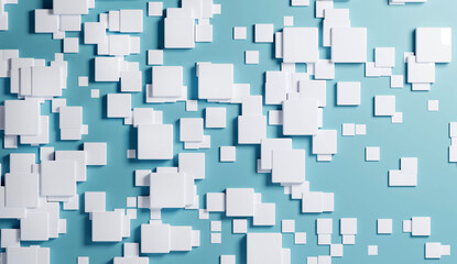 Blue wall with white squares. Abstract background. Business, science, technology concept 3D rendering  illustration. 
