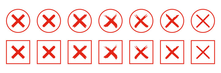 Red cross icon set. Letter X and Mark Brush Stroke Icon Set Vector Design. Wrong mark, no wrong sign.