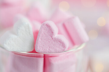 Heart shaped marshmallow closeup. Soft focus