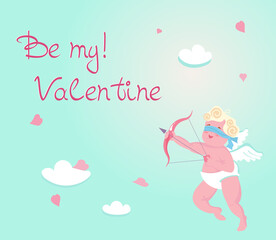 Cute baby Cupid isolated on sky background.