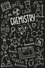 Chemistry cover template. Science medical symbols icon set, subject doodle design. Education concept. Back to school sketchy background for notebook, not pad, sketchbook. Hand drawn illustration. - 485393490