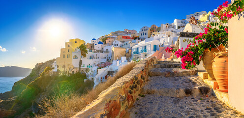Panorama of the city of Oia on the island of Santorini, Greece. Picturesque houses and churches...