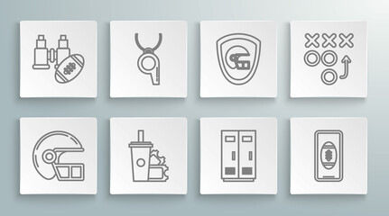 Set line American football helmet, Locker or changing room for football, basketball team or workers, Smartphone american on the screen, shield, Planning strategy concept and Binoculars icon. Vector