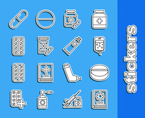 Set line Medical book, Medicine pill or tablet, IV bag, bottle and pills, Pills blister pack, and Ointment cream tube medicine icon. Vector