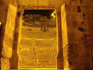 Amman, Jordan, August 10, 2010: Night view of the Roman Theater entrance in downtown Amman, Jordan
