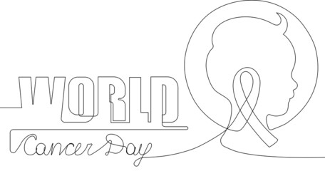 Continuous one line drawing of globe with ribbon as symbol of world cancer day closeup. Outline minimal concept. Vector illustration