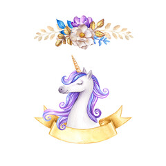 watercolor botanical illustration, fairy tale unicorn portrait, floral round frame, white violet hand drawn flowers, blue gold leaves, blank greeting card template, yellow ribbon, space for text © wacomka