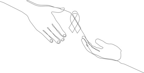 Continuous one line drawing of hand as symbol of world cancer day closeup. Outline minimal concept. Vector illustration
