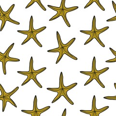 A pattern of starfish. Ocean. Vector illustration of animals. Mammals. Marine life. Printing on fabric, wallpaper and design. A hand-drawn picture.