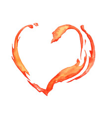 Orange juice isolated on white background. Splash Liquid in the shape of a heart. watercolor illustration