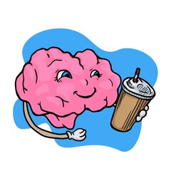 Smiling brain character with a beverage cup vector illustration