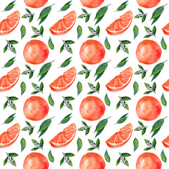 Seamless watercolor pattern with oranges on a branch. watercolor illustration, citrus fruits collection, botanical illustration
