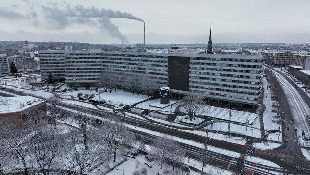 Chemnitz - Karl Marx Head Monument in Winter with Snow - Socialistic Architecture Realism International - Germany Saxony - Aerial Drone View DJI Mavic 3