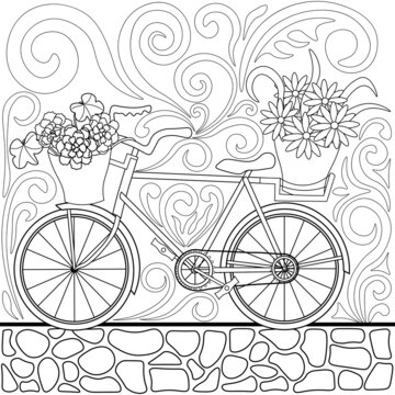 Bicycle with basket, flowers, white background. Colouring page, vector.