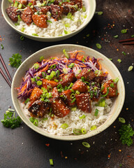 Vegan fried tempeh with rice and vegetables. Asian healthy food