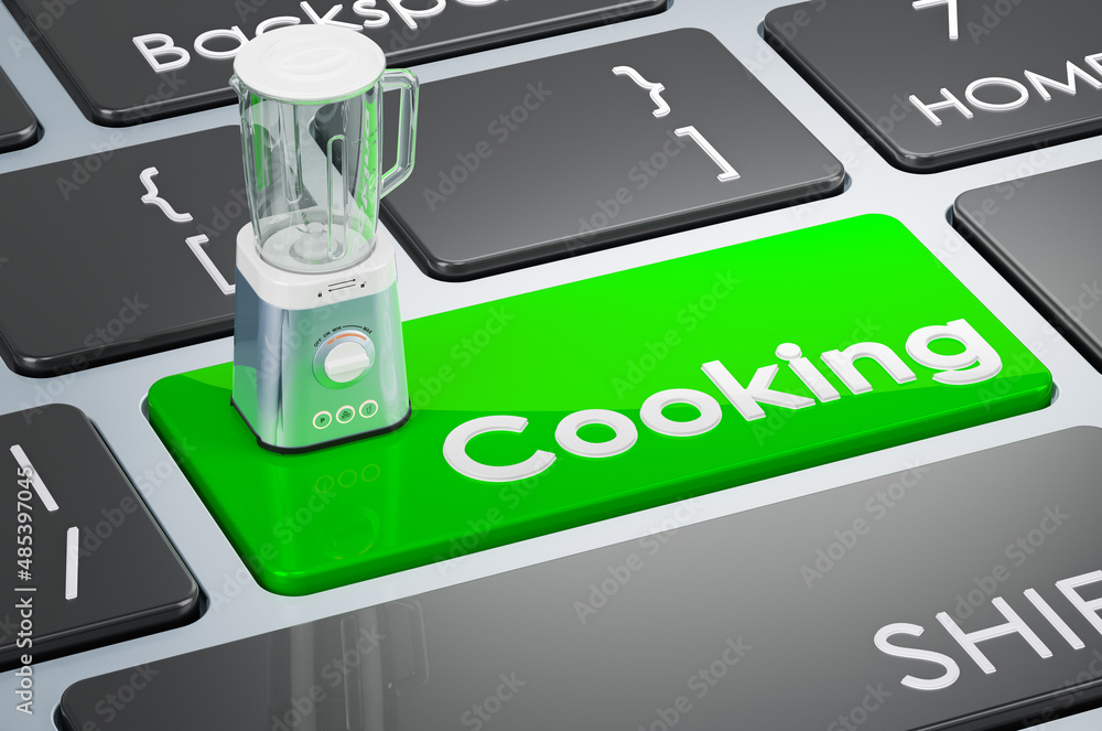 Aufkleber blender on keyboard. cooking green key. 3d rendering