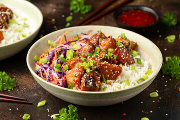 Vegan fried tempeh with rice and vegetables. Asian healthy food