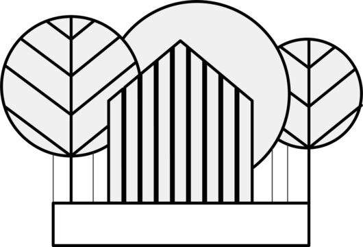 recommend clip art: Graphic sign showing a house with a facade of wooden boards against the background of a forest