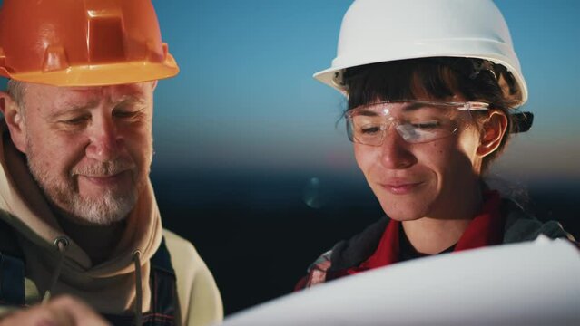 Portrait engineers in hard hat using a large blueprint at the windmills discussing and inspecting wind turbine power station in the evening. Slow motion