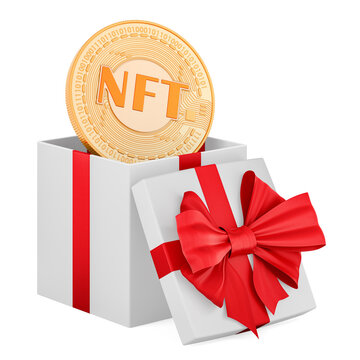 Gift box with NFT coin, gift concept. 3D rendering