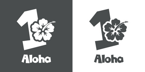 Logotipo texto Aloha con número 1 en tipografía tiki con silueta de flor de hibisco en fondo gris y fondo blanco