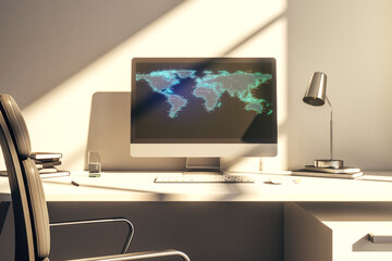 Abstract creative digital world map on modern laptop monitor, tourism and traveling concept. 3D Rendering