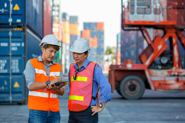 Foreman or worker work at Container cargo site check up goods in container. Foreman or worker checking on shipping containers. Logistics and shipping.	