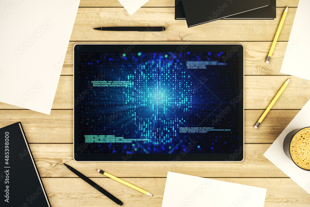 Leinwandbilder creative code skull hologram on modern digital tablet display, cybercrime and hacking concept. top v