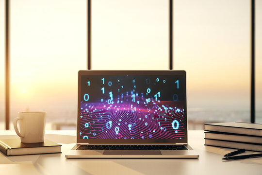 Creative abstract binary code hologram on modern computer monitor, AI and machine learning concept. 3D Rendering