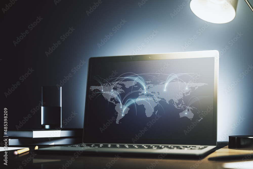 Poster modern computer monitor with abstract digital world map with connections, research and strategy conc