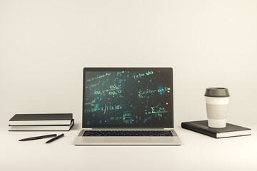 Creative scientific formula hologram on modern laptop monitor, research concept. 3D Rendering