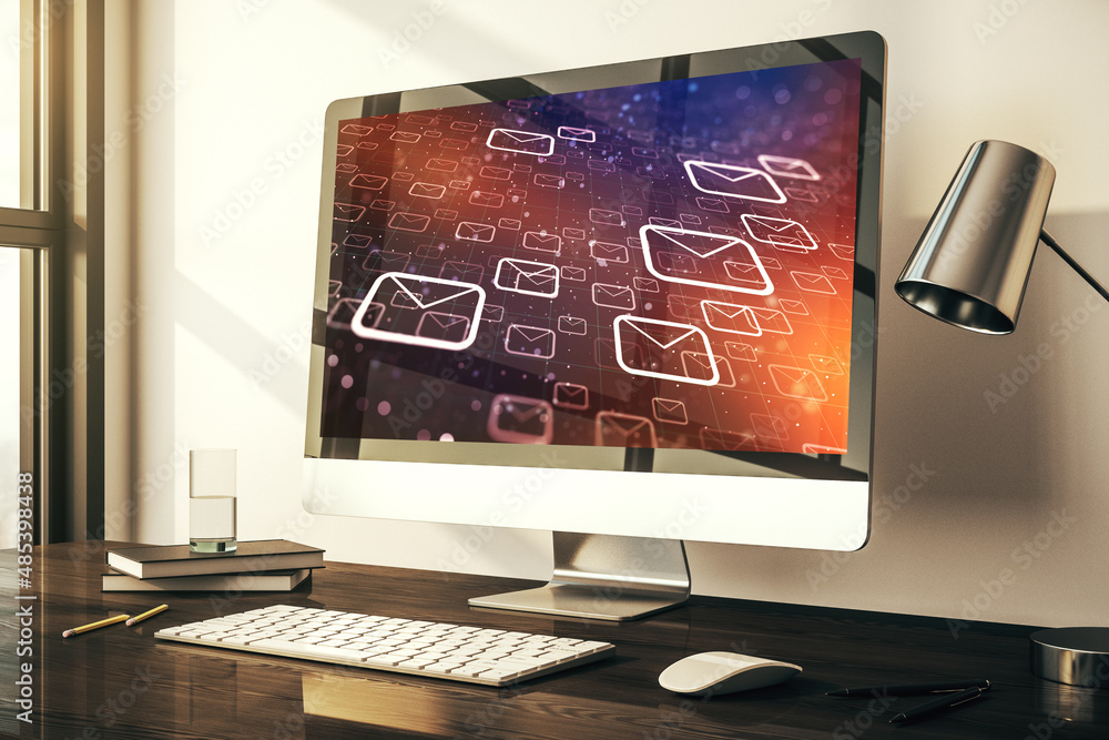 Poster modern computer monitor with postal envelopes hologram. electronic mail and spam concept. 3d renderi