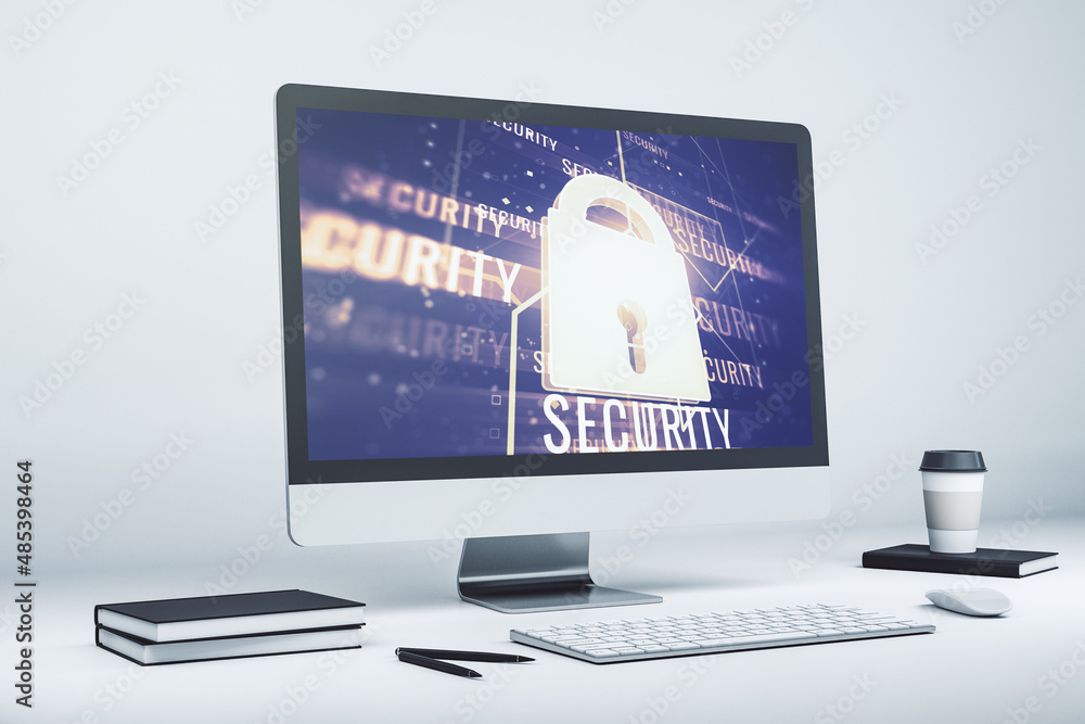 Poster Creative idea concept with lock symbol and microcircuit illustration on modern laptop screen. Protection and firewall concept. 3D Rendering