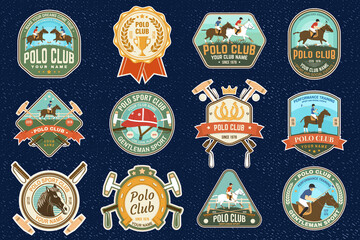 Polo sport club and horse riding patches, emblems, logos. Vector illustration. Color equestrian label, sticker with rider and horse silhouettes. Polo club competition riding sport.