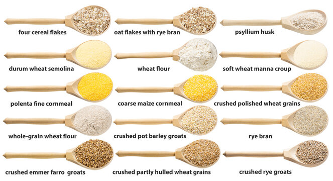 set of crushed groats with names in wood spoons