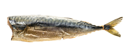 hot smoked headless mackerel isolated on white - obrazy, fototapety, plakaty