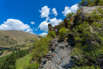 uins of an old stone fortress. Old Diklo, Tusheti, Georgia