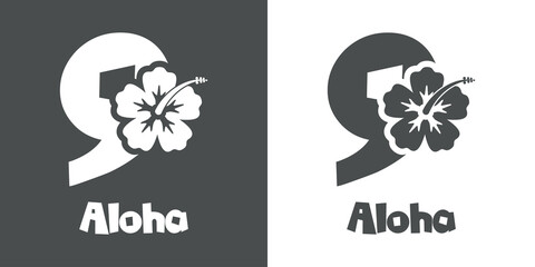 Logotipo texto Aloha con número 9 en tipografía tiki con silueta de flor de hibisco en fondo gris y fondo blanco © teracreonte