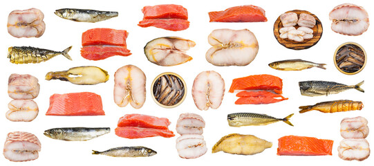 set of various smoked fishes isolated on white