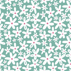 Cute daisy flowers seamless pattern on muted blue background. Vector illustration in spring colors