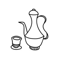 Teapot with mug. Vector illustration in doodle style. Isolate on a white background.