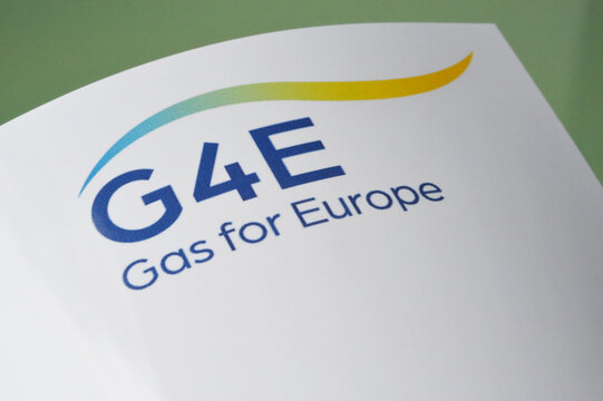 Hamburg, Germany - February 6, 2022: Logo of Gas for Europe - G4E is is to become the owner and operator of the German part of the Nord Stream 2 Pipeline