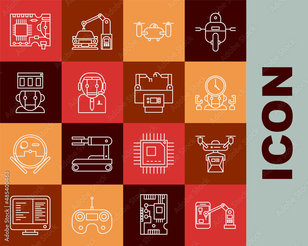 Poster set line industrial machine robotic robot arm hand, drone delivery concept, robot digital time manag