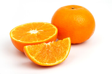 Ripe orange fruit. Orange full macro shoot fruit healthy food ingredient. Organic fresh orange isolated on white. 
