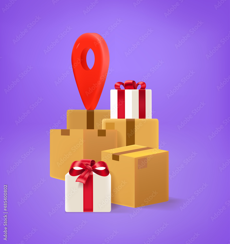 Poster postage boxes with map pin. shipping concept. 3d vector illustration