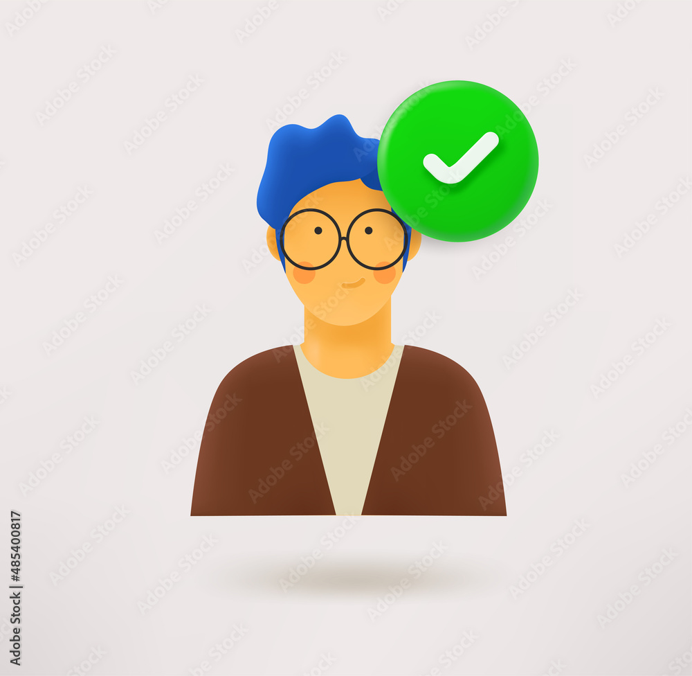 Poster clever young man icon with checkmark. 3d vector icon