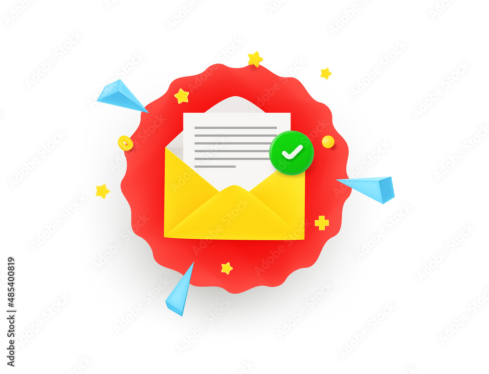 Poster Mail with checkmark. Vector insignia isolated on white background. 3d vector illustration