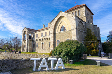 Tata sign and castle in Tata Hungary on a nice sunny day