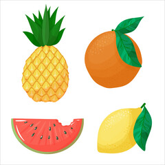 Summer fruits set. Watermelon, orange, pineapple and lemon in cartoon style. Vector illustration isolated on white background.